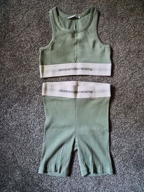 Alexander Wang Sage Green Ribbed Set Top And Shorts with Branded Waistband